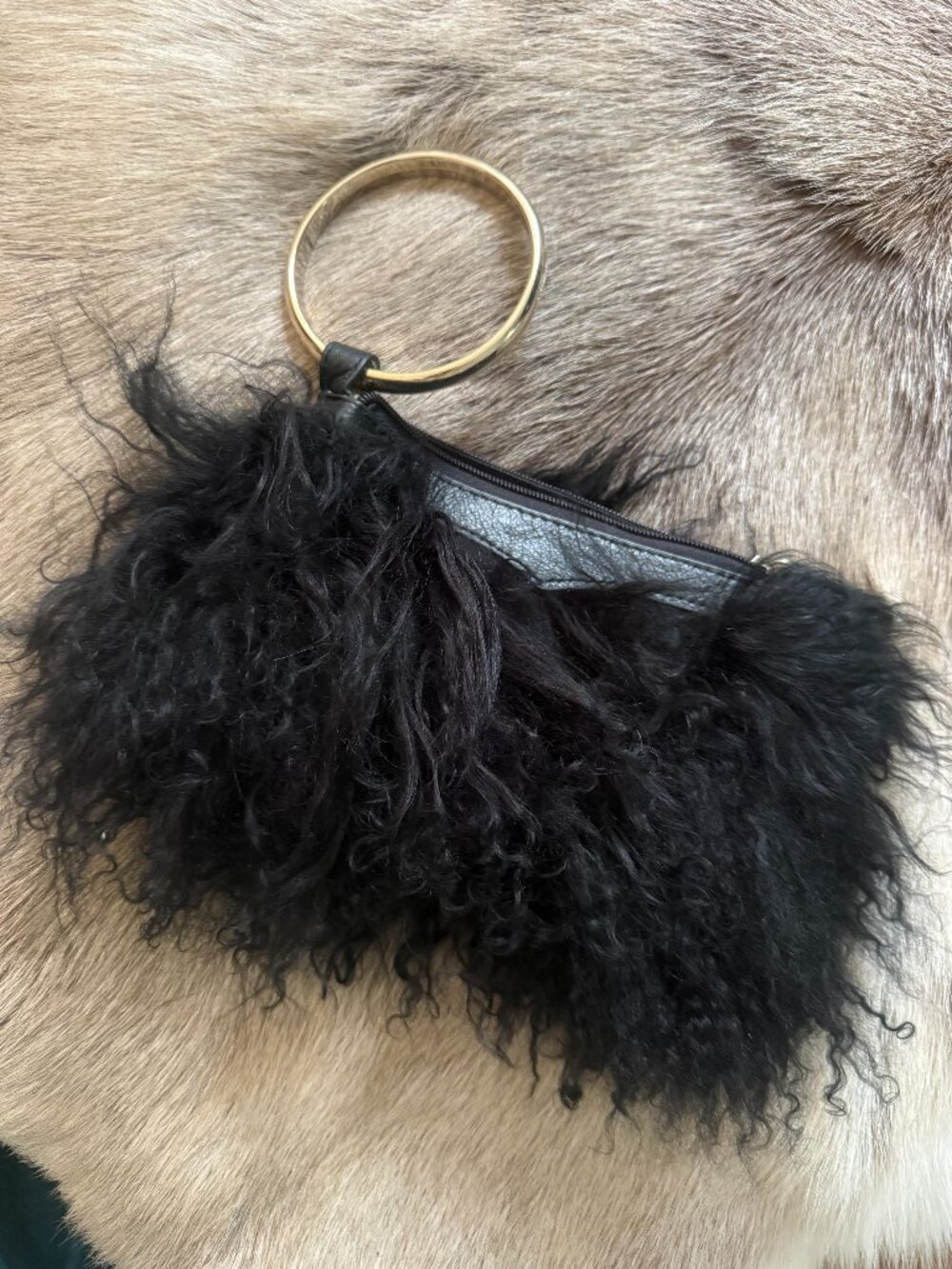 Aqua Madonna Black Mongolian Lamb Fur Wristlet